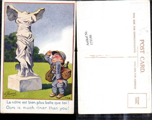 173146,Künstler Ak G. Lunch Scherz Humor Bub Kindersoldat salutiert v. kopfloser Statue Spruch