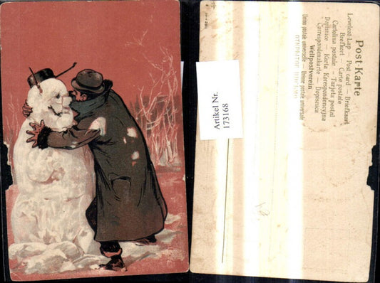 173168,Präge Künstler Ak Scherz Humor Mann umarmt Schneemann