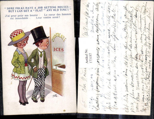 173187,Künstler Ak Scherz Humor Paar v. Chocolate Ices Auslage Spruch Text