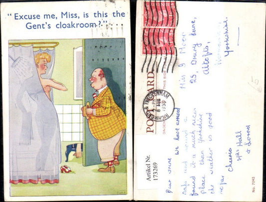 173269,Künstler Ak Scherz Humor Frau unter Dusche Mann i. Tür Excuse me Miss is this the Gents cloakroom
