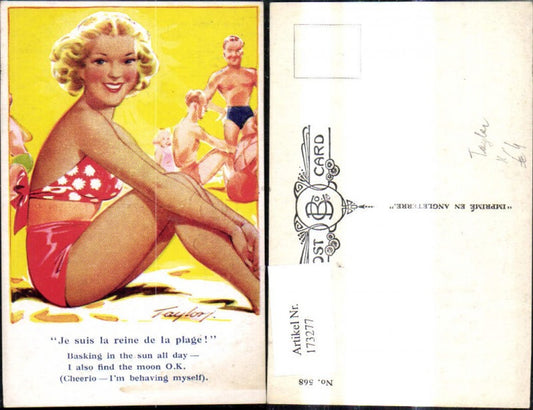 173277,Künstler Ak Taylor Scherz Humor Frau a. Strand Spruch Text