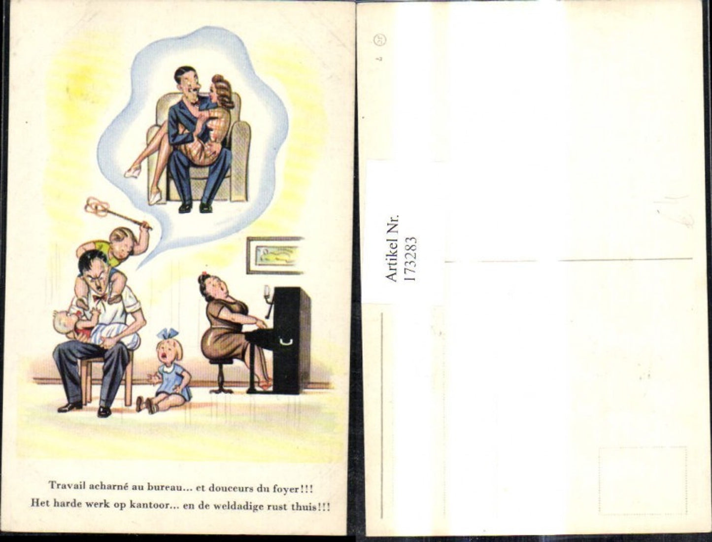 173283,Künstler Ak Scherz Humor Vater m. Kinder u. Ehefrau träumt v. Sexy Frau Spruch