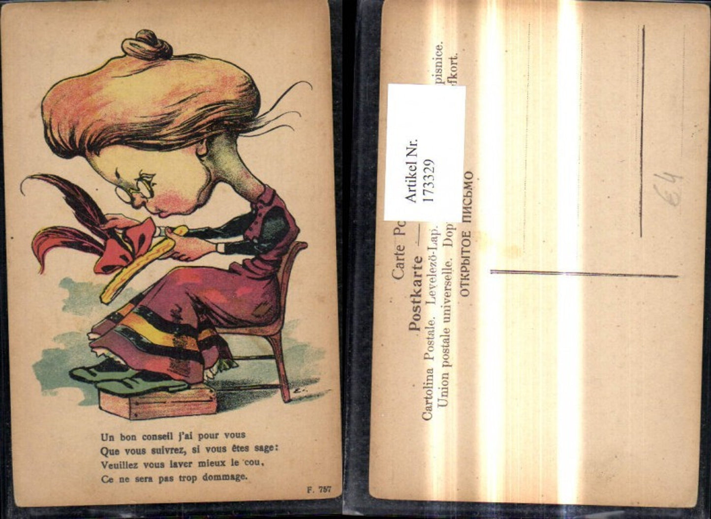 173329,Künstler Ak Scherz Humor Karikatur Frau m. Riesenkopf m. Hut i. Hand Spruch