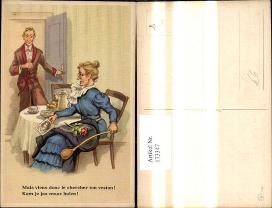 173347,Künstler Ak Scherz Humor Ehefrau m. Bild anderer Frau Mann i. Tür Spruch Text