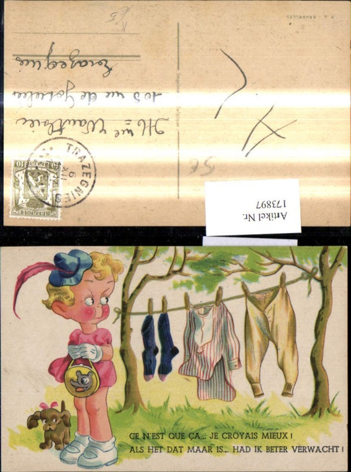 173897,Künstler Ak Kind Mädchen m. Hund Hut Handtasche b. Wäscheleine