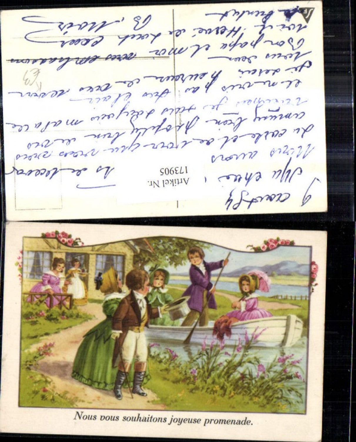 173905,Künstler Ak Kinder a. Erwachsene v. Haus Ruderboot Boot Nous vous souhaitons joyeuse promenade