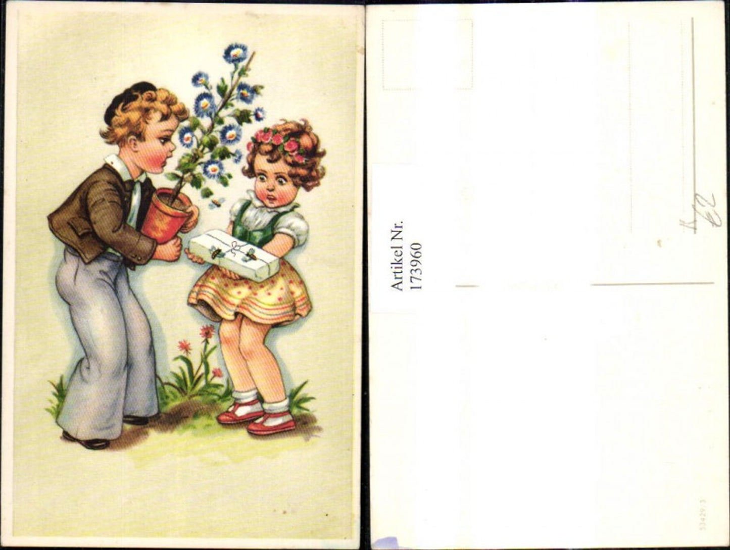 173960,Künstler Ak Kinder m. Blumentopf u. Paket Bienen