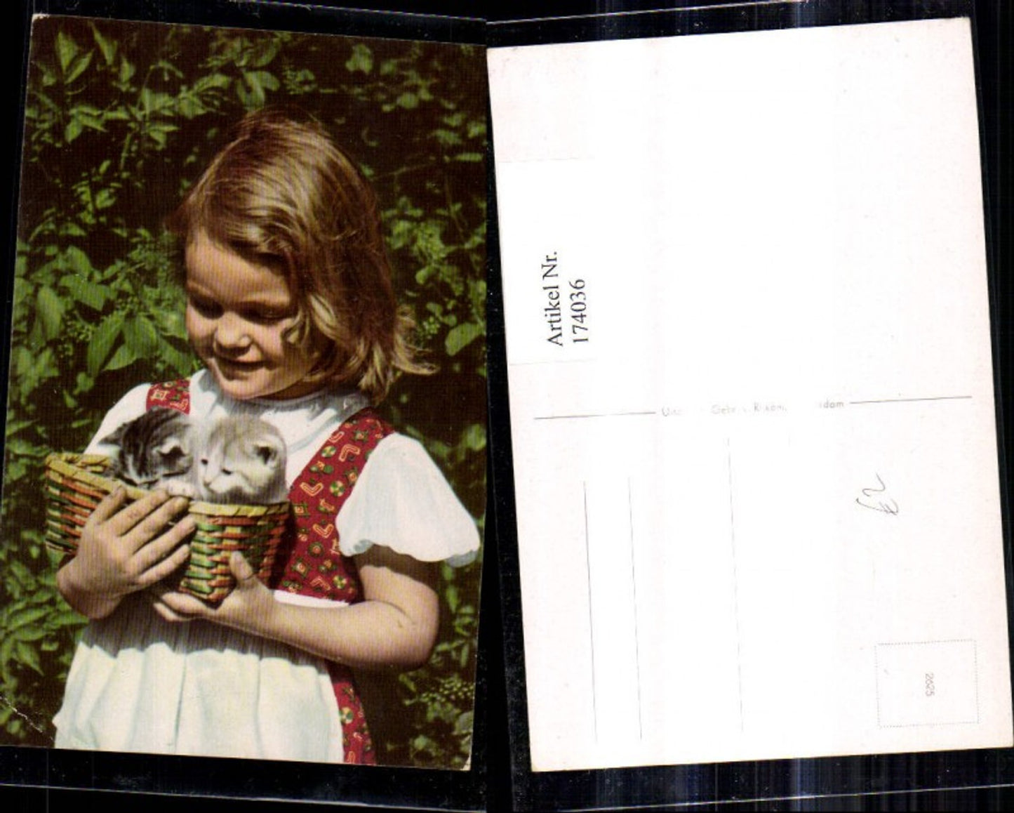 174036, Children, girls in dirndls with baskets, kittens, kittens