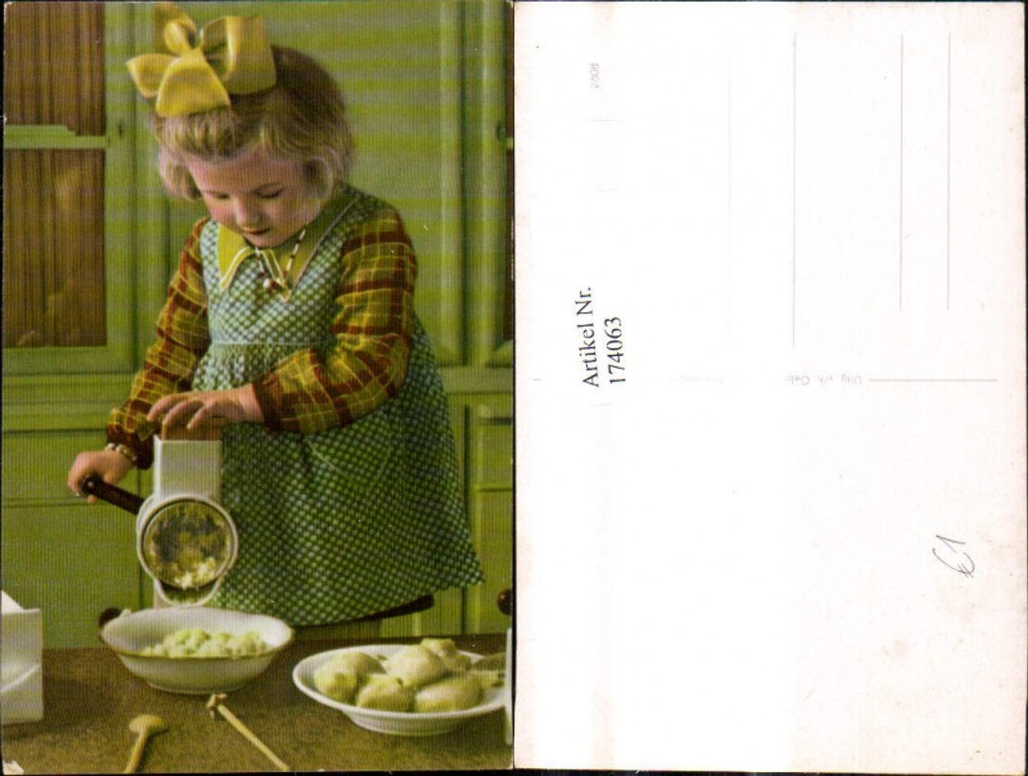 174063, Children Blonde girl with hair bow with meat grinder
