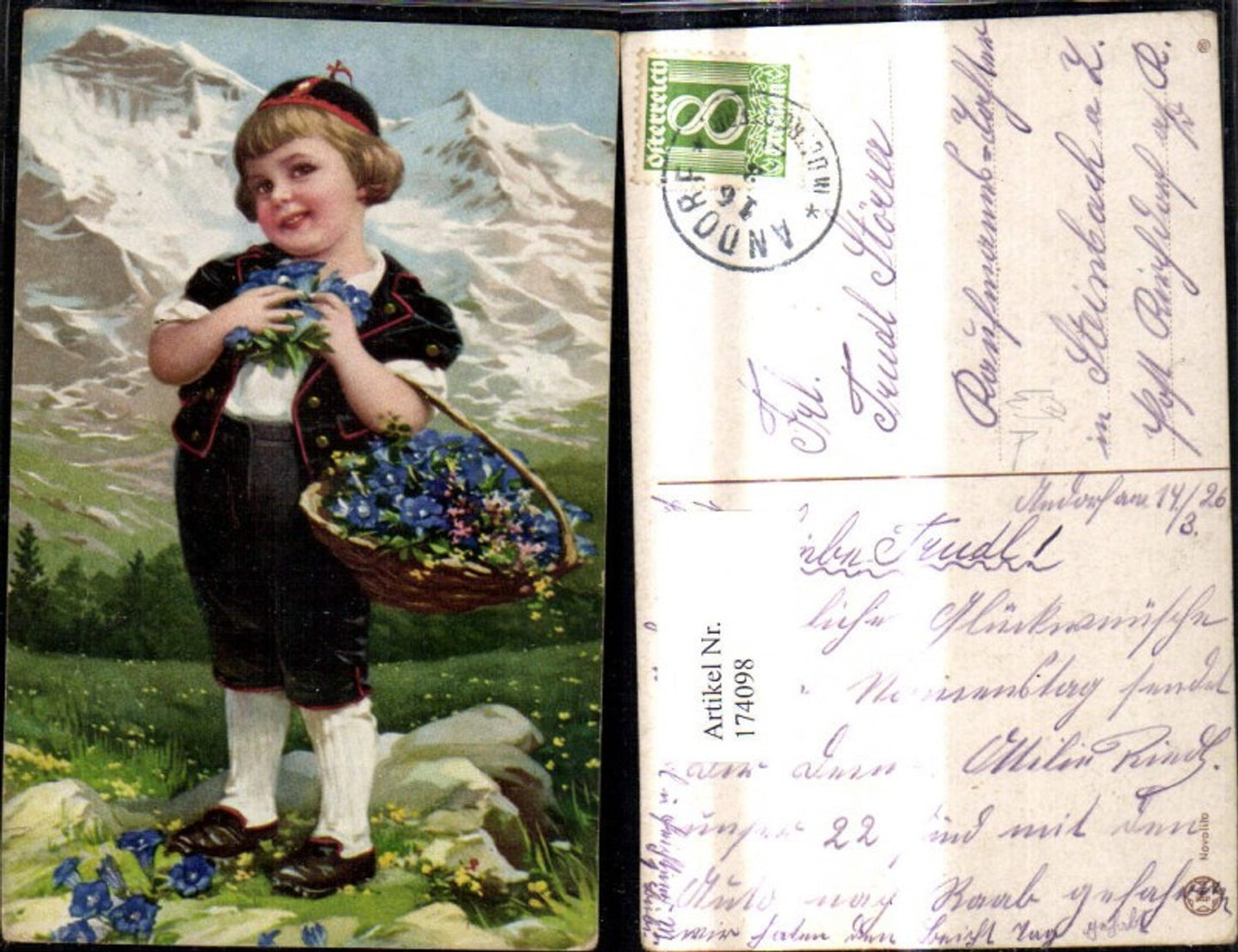 174098,Künstler Ak Kind Mädchen i. Tracht Korb m. Blumen v. Bergkulisse pub Novolito
