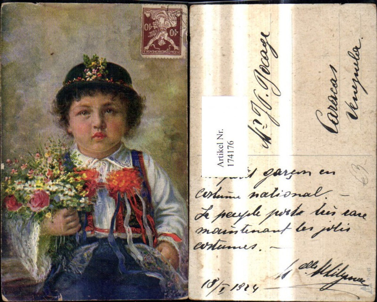 174176,Künstler Ak Bub Junge i. Tracht Hut m. Blumen Strauß