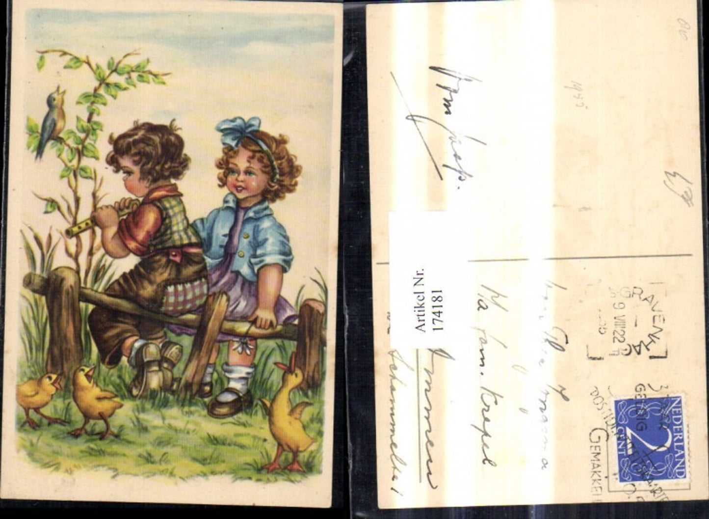 174181,Künstler Ak Kinder b. Holzzaun Flöte Küken Vogel a. Ast
