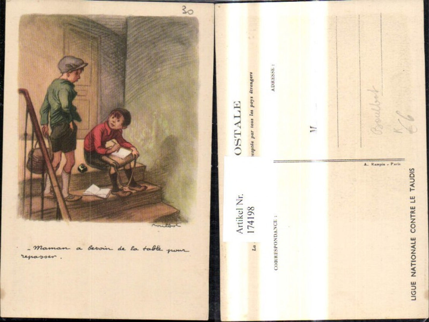 174198,Künstler Ak Boulbot Jungen Buben a. Stufen schreiben buch Kamera Spruch