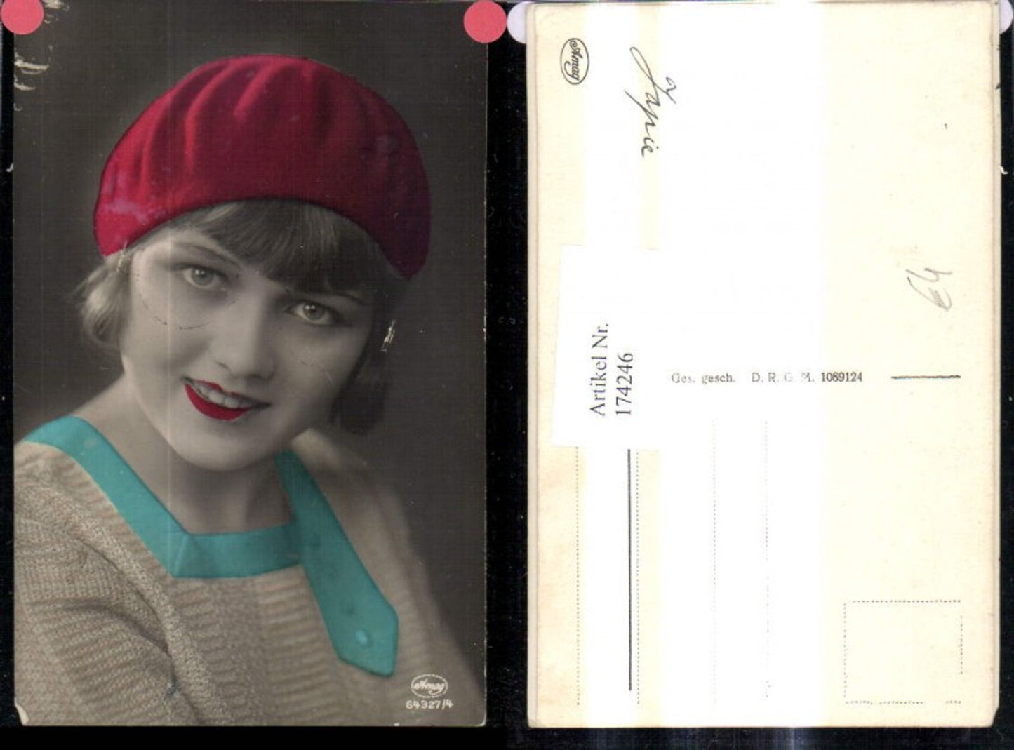 174246,Foto Ak Frau m. Rotem Hut Lippenstift