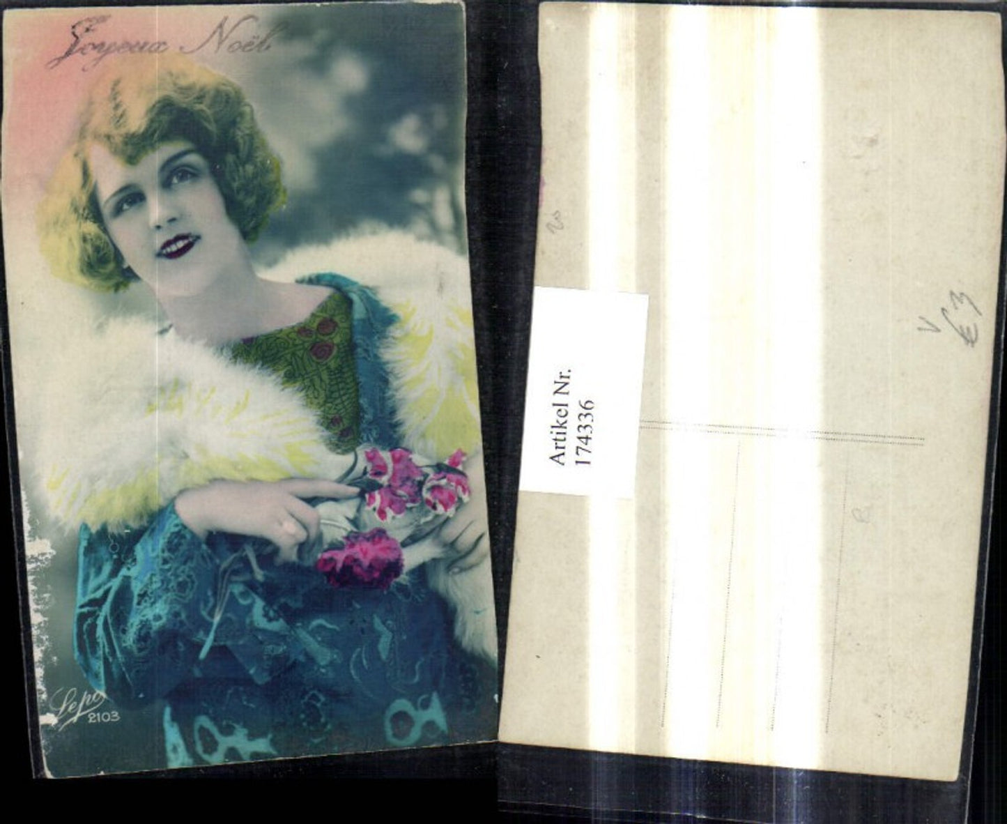 174336,Foto Ak Frau m. Pelzstola Pelz Mode Blumen i. Hand pub Lepo 2103