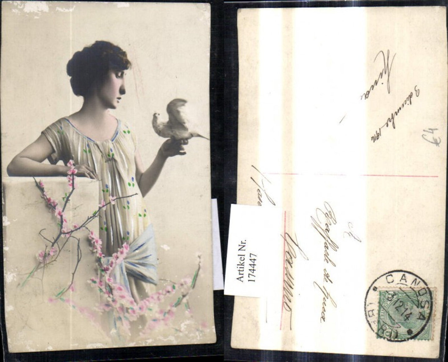174447,Foto Ak Frau Kleid m. Taube i. Hand Blütenzweige