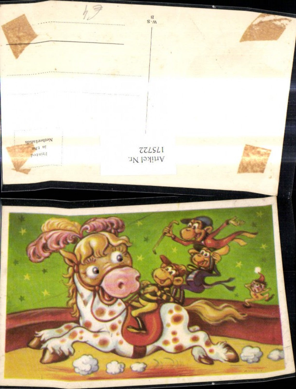 175722,Künstler Ak Spielzeug Affen reiten a. Pferd Puppe Kasperl