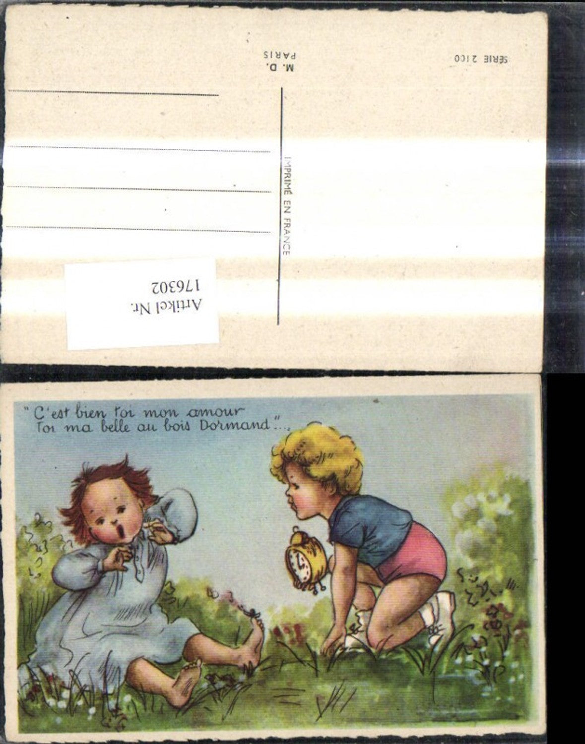 176302,Künstler Ak Kinder a. Wiese Mädchen erwacht Junge m. Wecker Uhr Spruch Text