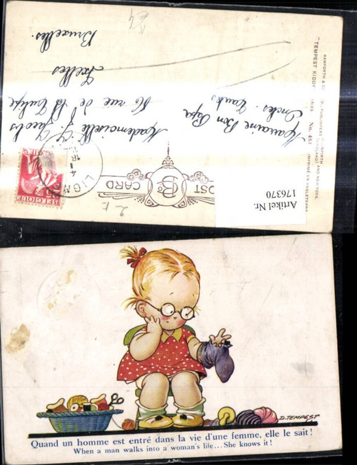 176370,Künstler Ak D. Tempest Mädchen m. löchrigen Socken Nähen Nähzeug i. Korb Spruch Text