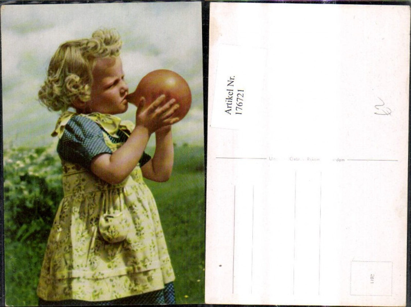 176721, Child Blonde girl blows up balloon
