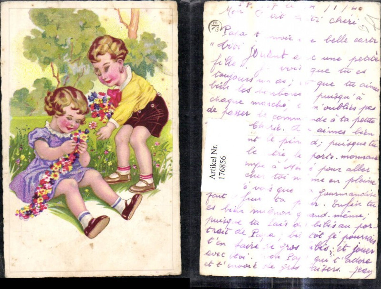 176856,Künstler Ak Kinder Blumen Strauß Blumenkette knöpfen
