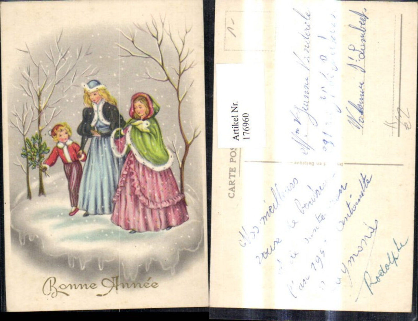 176960, Artist AK Women with Child Boy in Winter Forest Hare Fur Bonne Anne Christmas