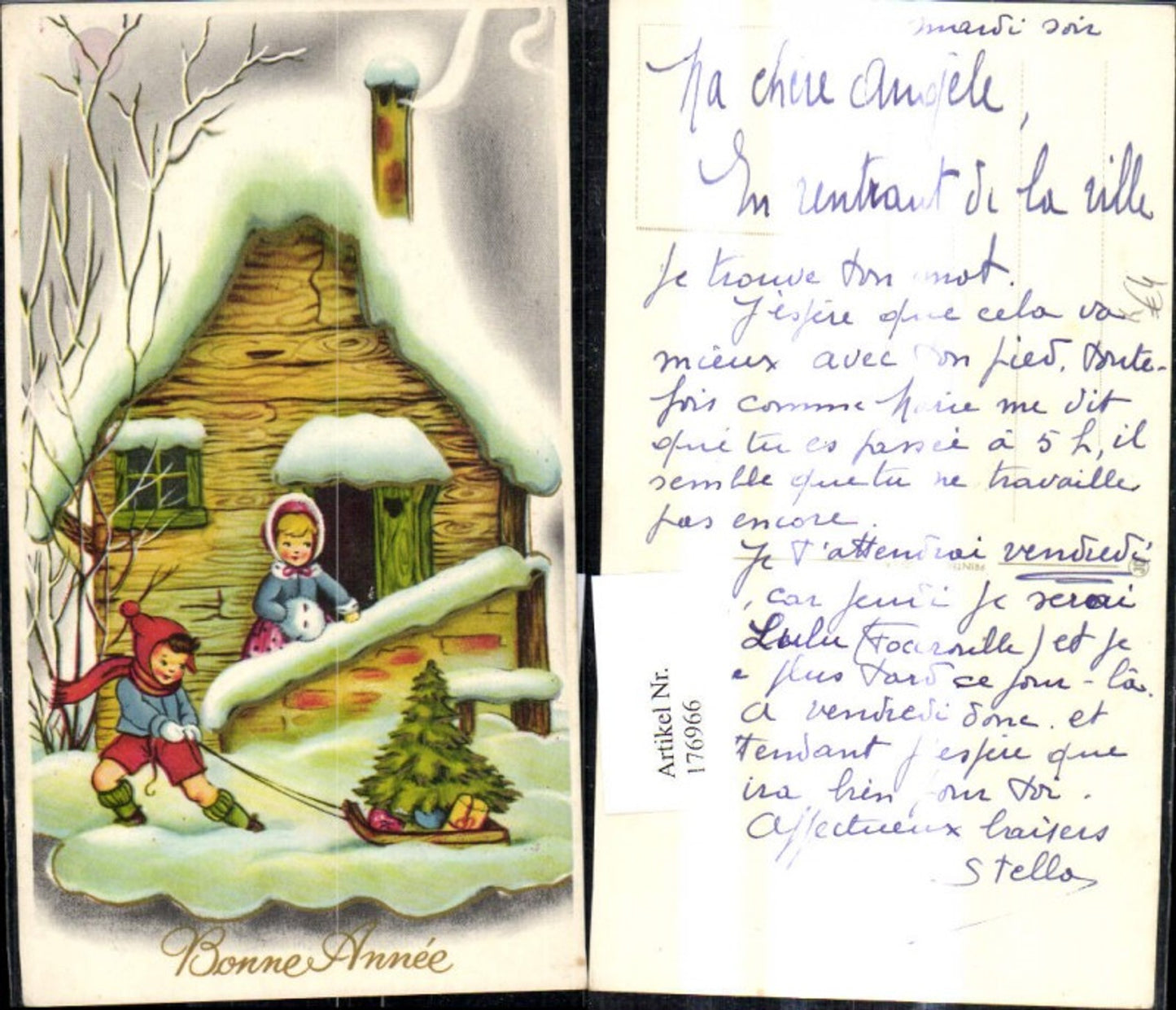176966,Künstler Ak Kinder Mädchen m. Muff Bub Junge m. Schlitten Tannenbaum Geschenke v. Haus Bonne Annee