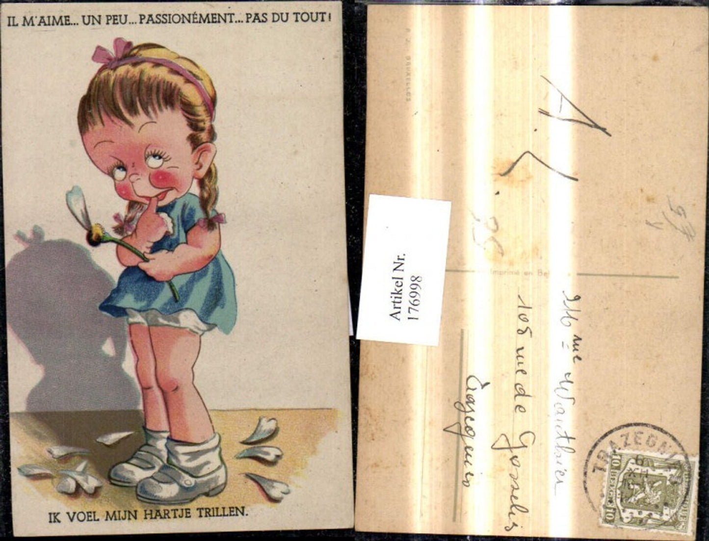 176998,Künstler Ak Mädchen m. Blume Gänseblümchen Liebt er mich oder nicht Spruch Text