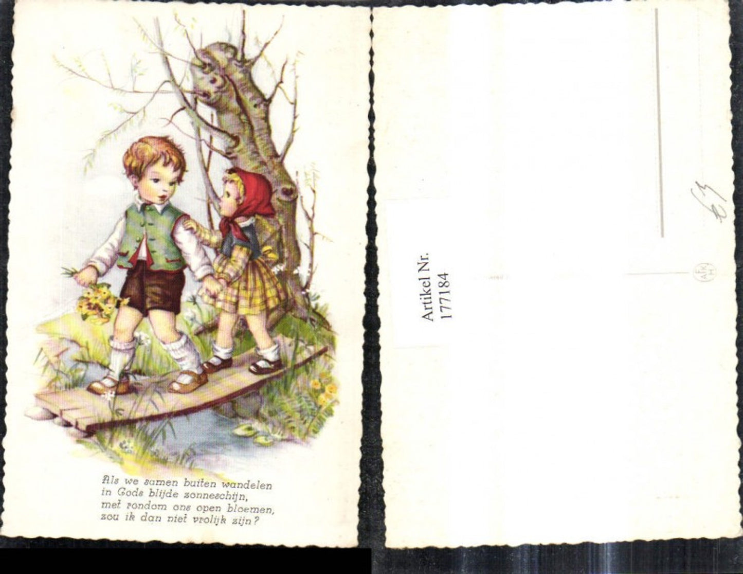177184,Künstler Ak Kinder b. Brücke Blumen Strauß Baum Spruch Text