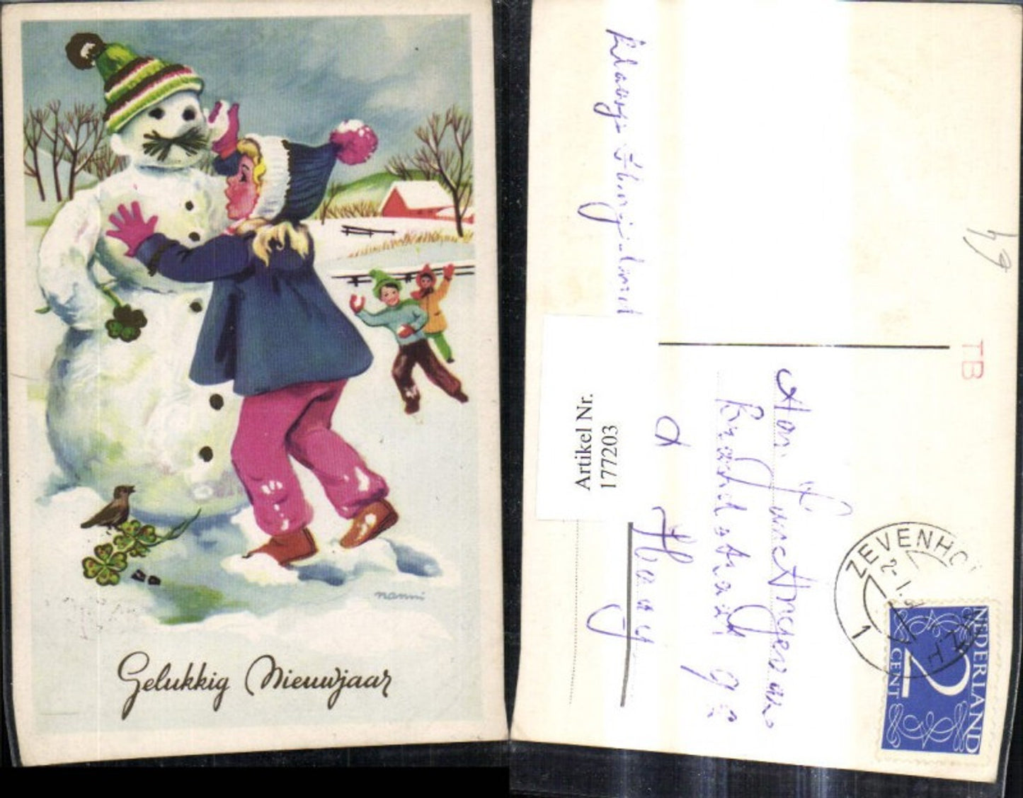 177203,Künstler Ak Mädchen m. Schneemann Bub Jungen Schneeballschlacht Vogel Klee Gelukkig Nieuwjaar Neujahr