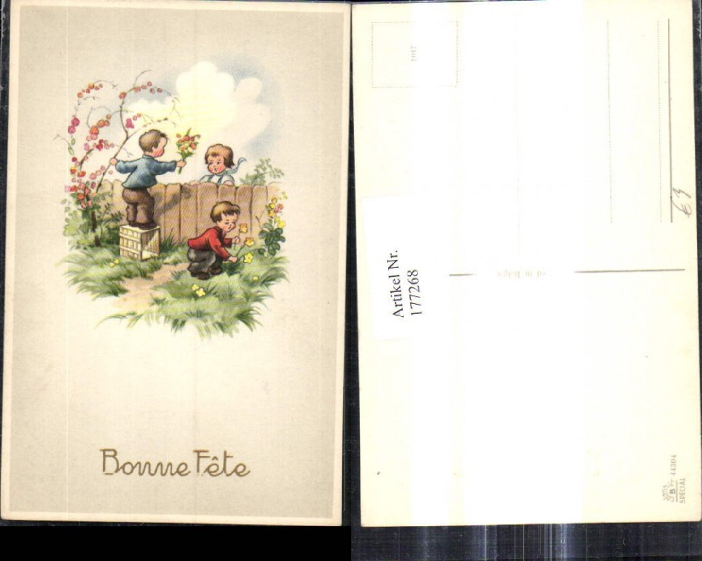 177268,Künstler Ak Kinder Blumen a. Holzzaun Bonne Fete