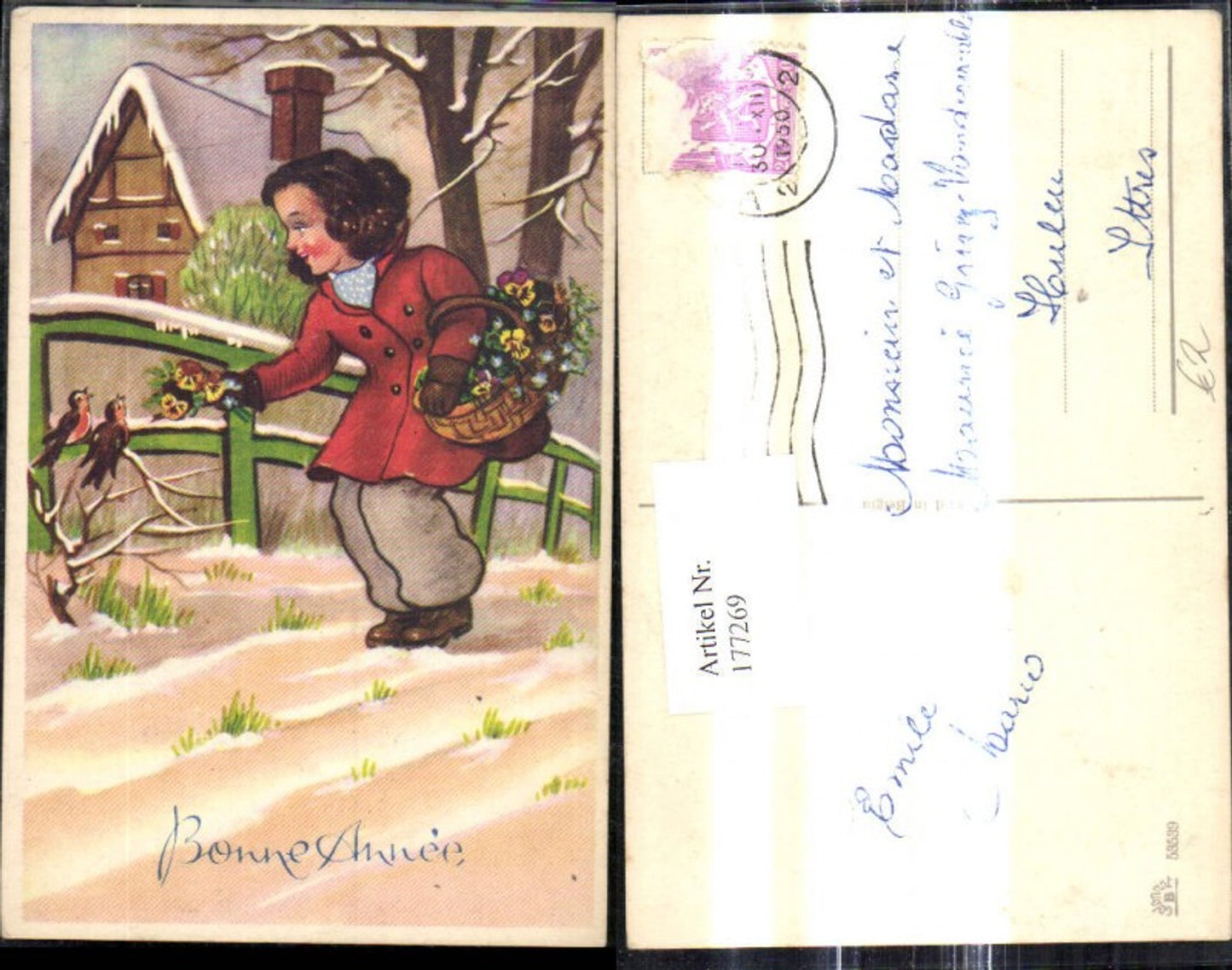 177269,Künstler Ak Mädchen m. Korb Blumen Stiefmütterchen Vögel Bonne Annee Weihnachten