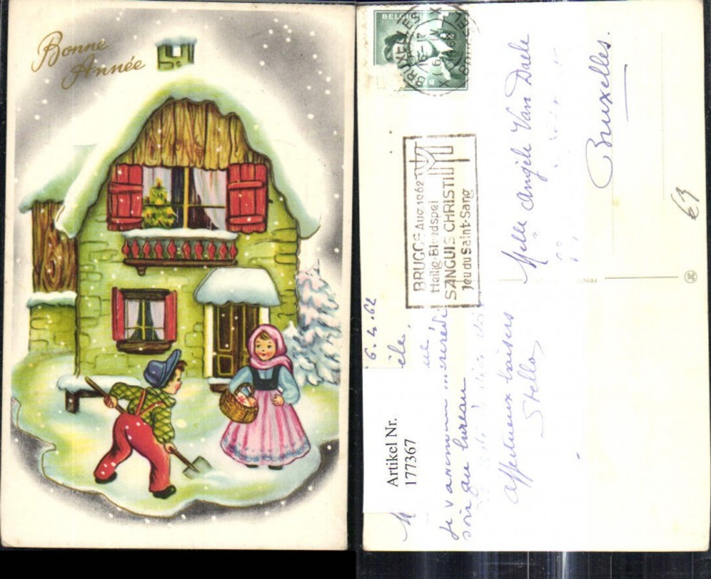 177367,Künstler Ak Kinder Haus Mädchen m. Korb Geschenke Junge Bub b. Schneeschaufeln Bonne Annee