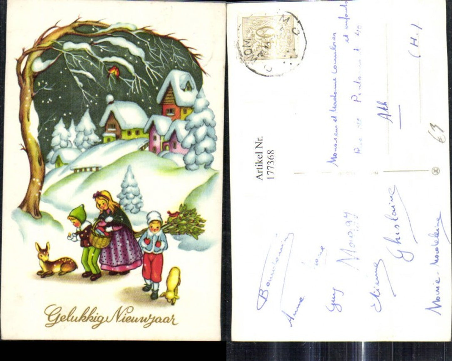 177368,Künstler Ak Kinder i. Winterwald Reh Korb m. Geschenke Vögel Gelukkig Nieuwjaar Neujahr