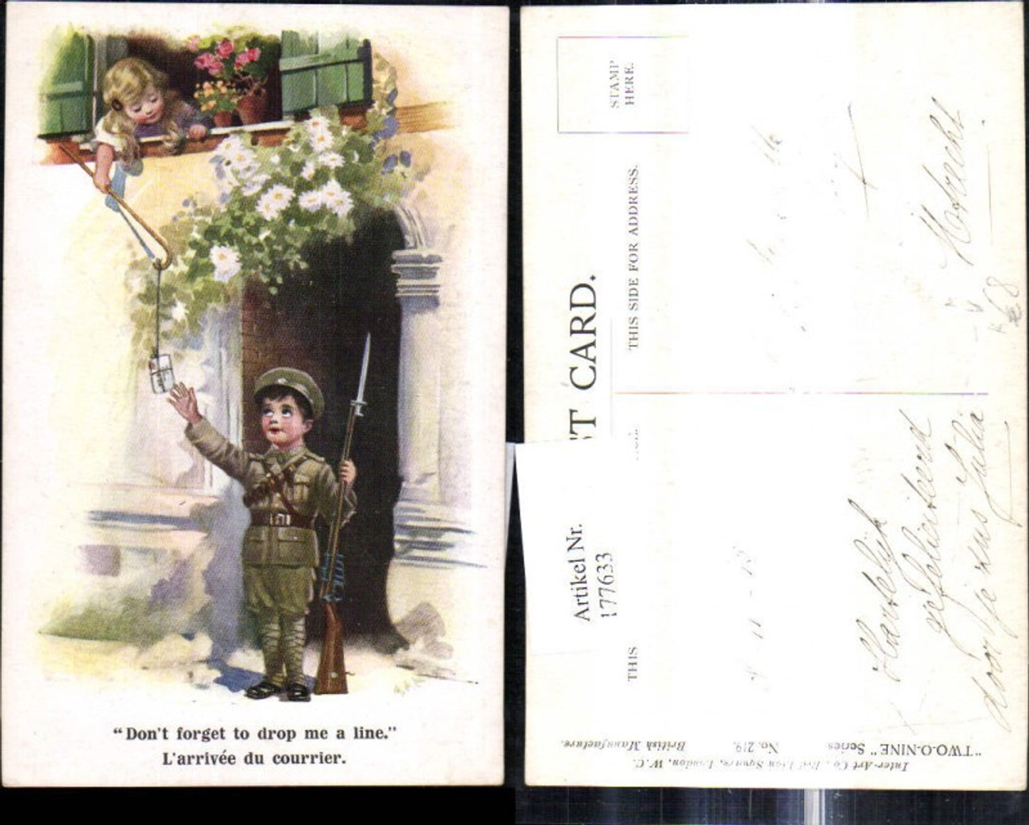 177633, Artist Ak Child Boy Uniform Child Soldier fishing Letter from girl in window Saying Text pub Two o nine 219