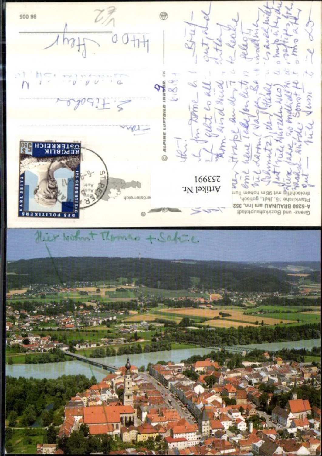 253991,Braunau am Inn Totale Kirche Brücke pub Alpine Luftbild 86005