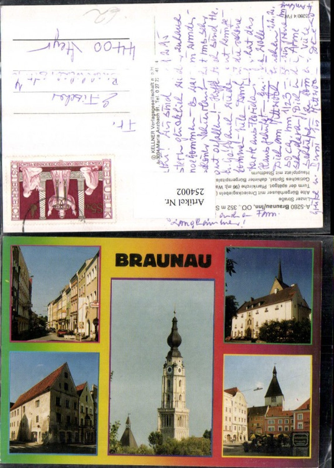 254002,Braunau am Inn Linzer Straße Bürgerhäuser Kirchenturm Bürgerspital Hauptplatz Stadtturm Mehrbildkarte