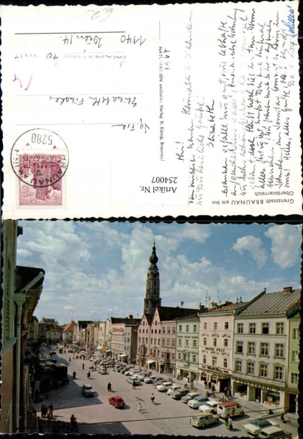 254007, Braunau am Inn, Main Square, Hotel Post, Church Tower, Shops
