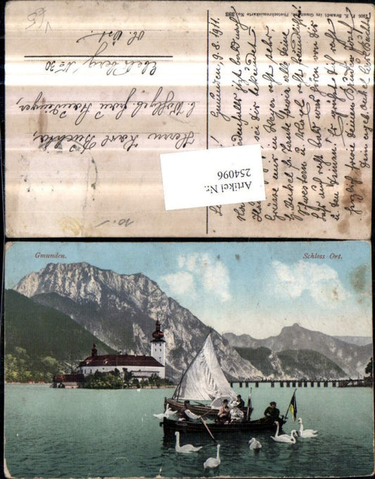 254096,Gmunden Schloss Ort Orth m. Traunstein Ruderboot Segelboot Schwäne pub F. E. Brandt 393