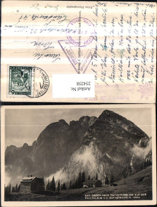 254258,Gablonzer-Haus Dachsteinblick auf d. Zwieselalm geg. d. Donnerkogeln Bergkulisse b. Gosau