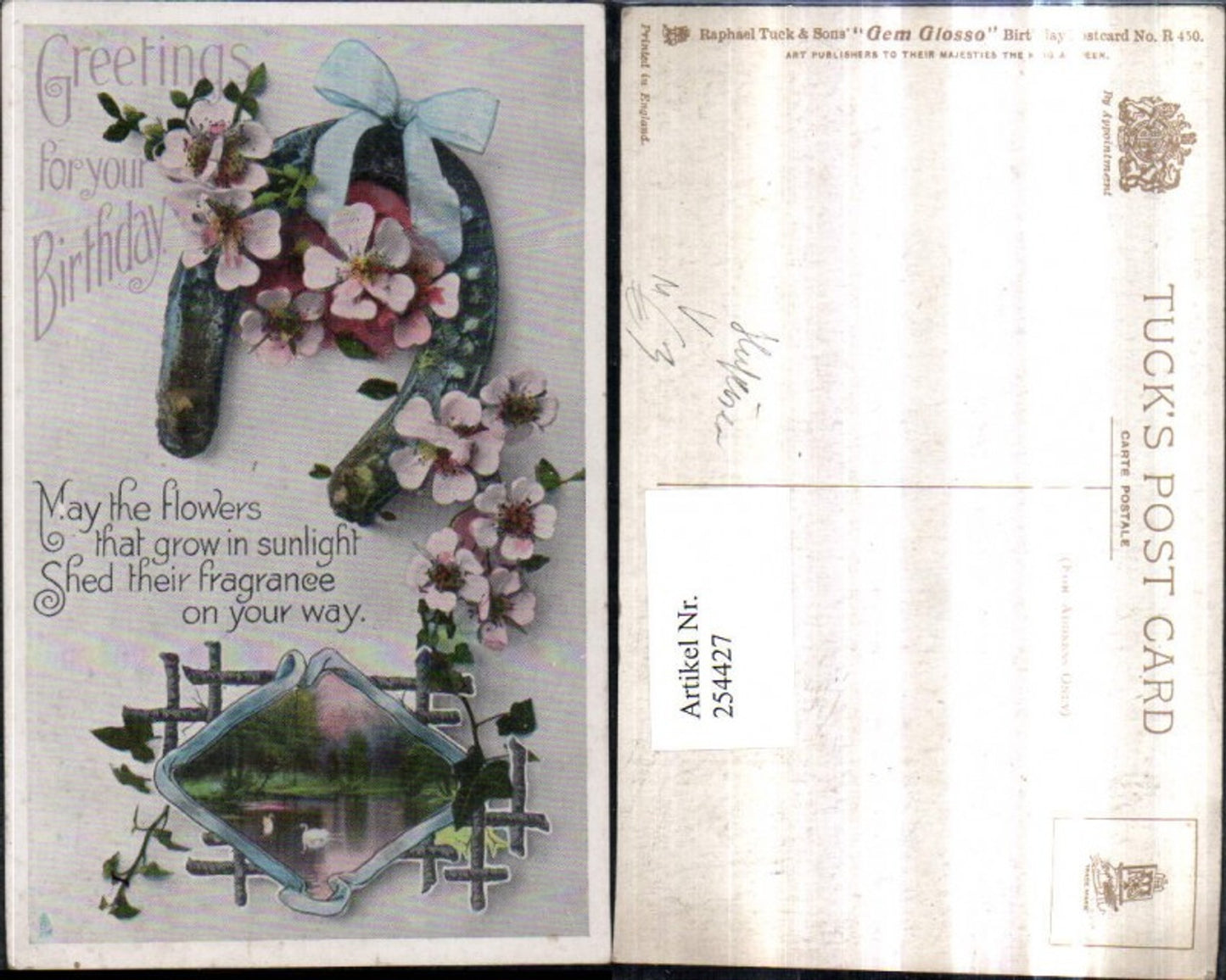 254427,Raphael Tuck & Sons R450 Birthday Geburtstag Landschaft Passepartout Blumen Hufeisen Schleife Spruch