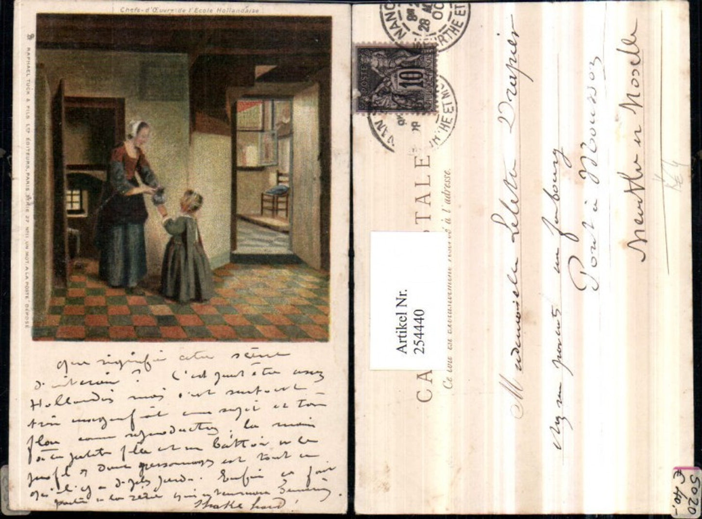 254440,Raphael Tuck & Sons 27/11 Künstlerkarte Chefs-d'Euvre de l'Ecole Hollandaise Frau Mutter m. Kind Krug Zimmer Tü