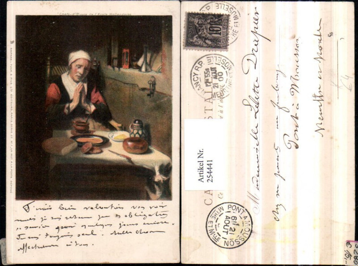 254441,Raphael Tuck & Sons 27/7 Künstlerkarte Chefs-d'Euvre de l'Ecole Hollandaise Frau b. Abendgebet Beten Essen Brotl