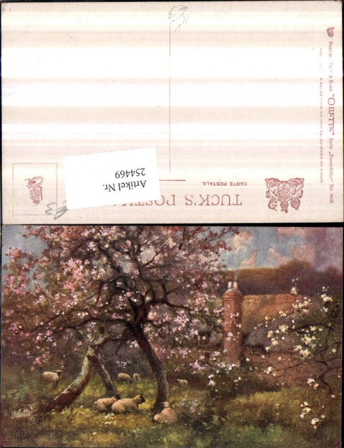 254469,Raphael Tuck & Sons 9638 Künstlerkarte Baumblüte Bäume Haus m. Reetdach Schafe