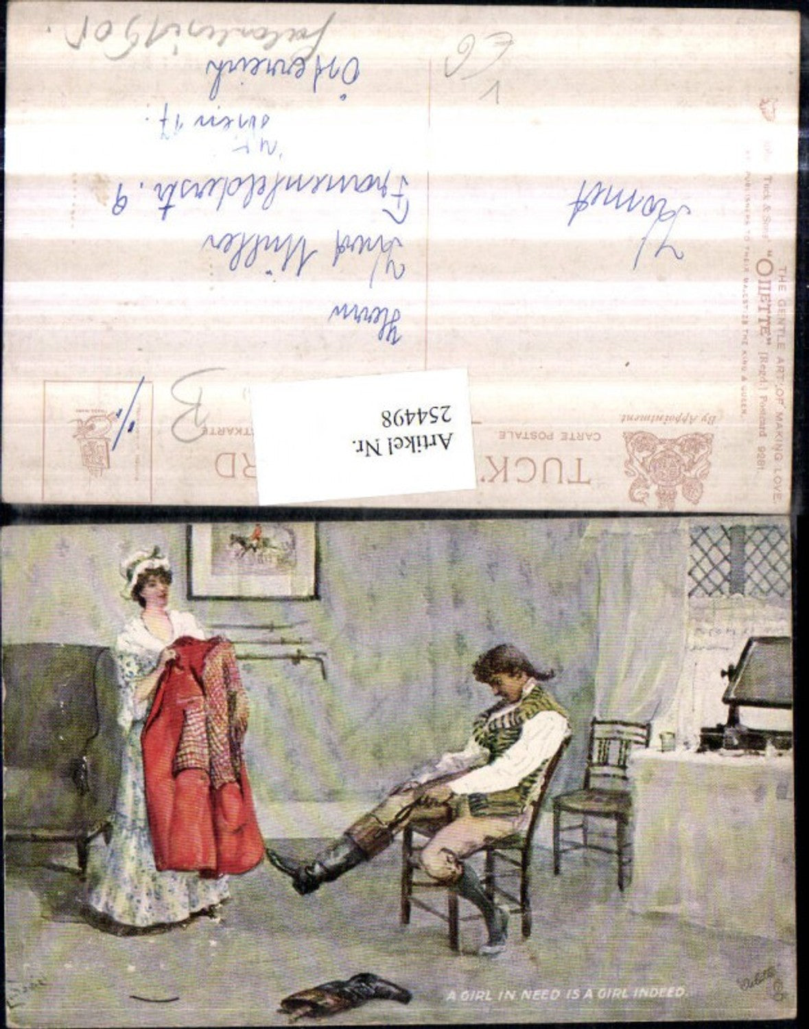 254498,Raphael Tuck & Sons 9281 Künstlerkarte The Gentle Art of Making Love Mann m. Schuhe anziehen Frau m. Kleid Mante
