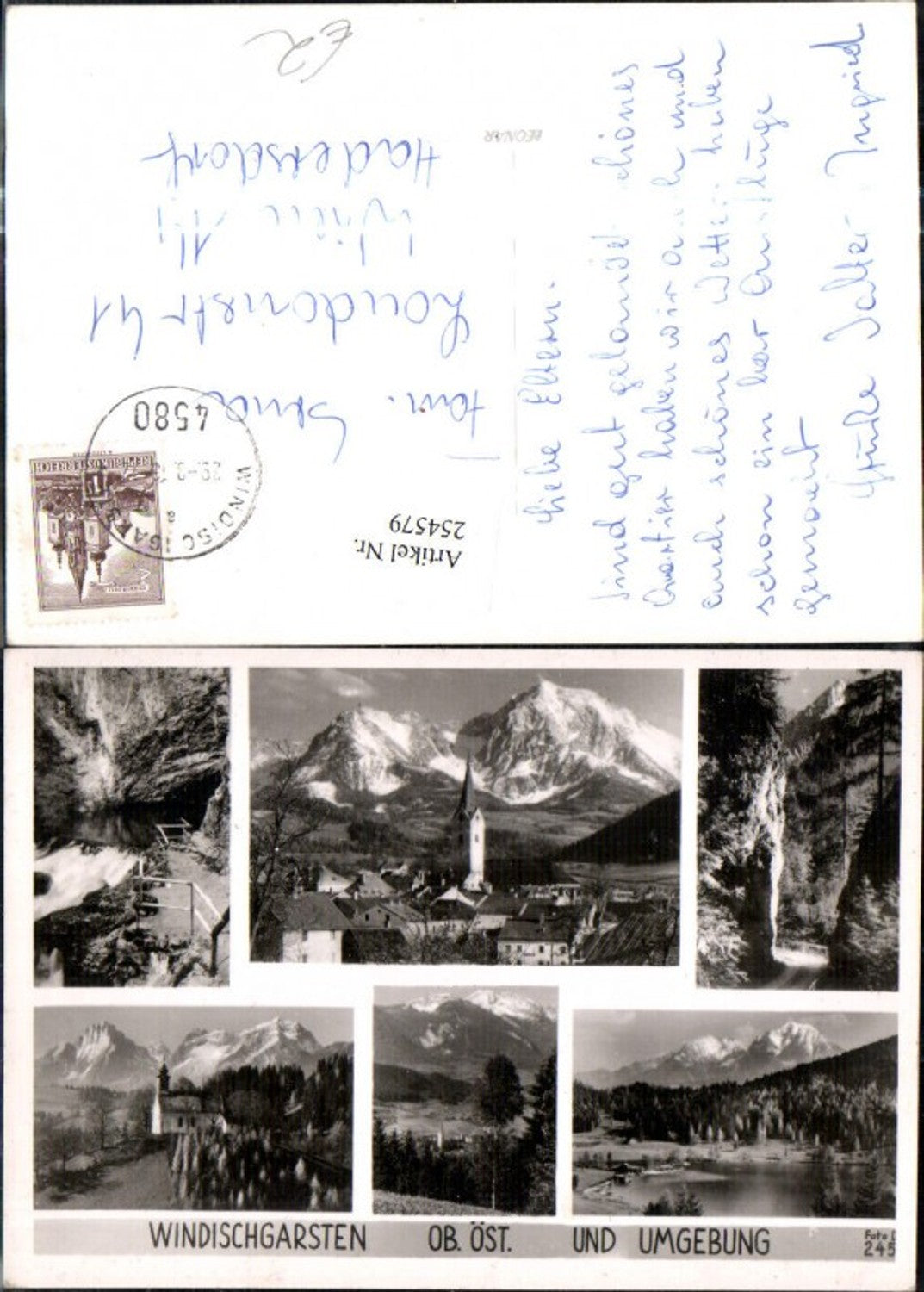 254579,Windischgarsten Totale u. Umgebung Kirche See Wasserfall Bergkulisse Mehrbildkarte