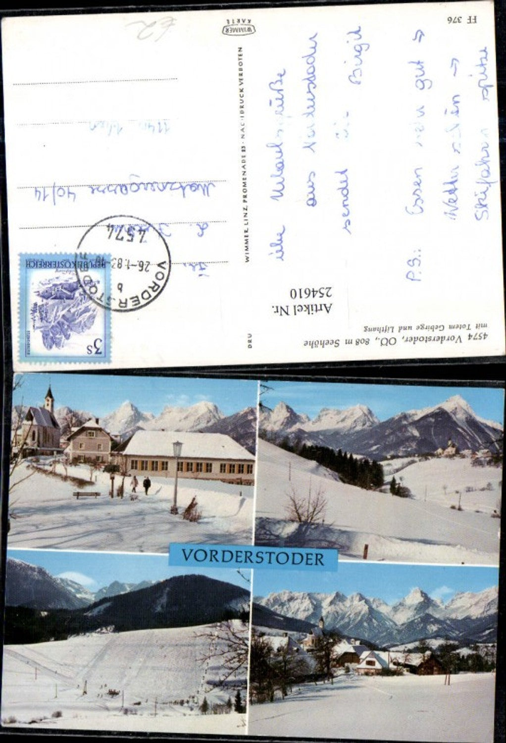 254610,Vorderstoder Totale m. Toten Gebirge u. Lifthang Skipiste Bergkulisse Winterbilder Mehrbildkarte