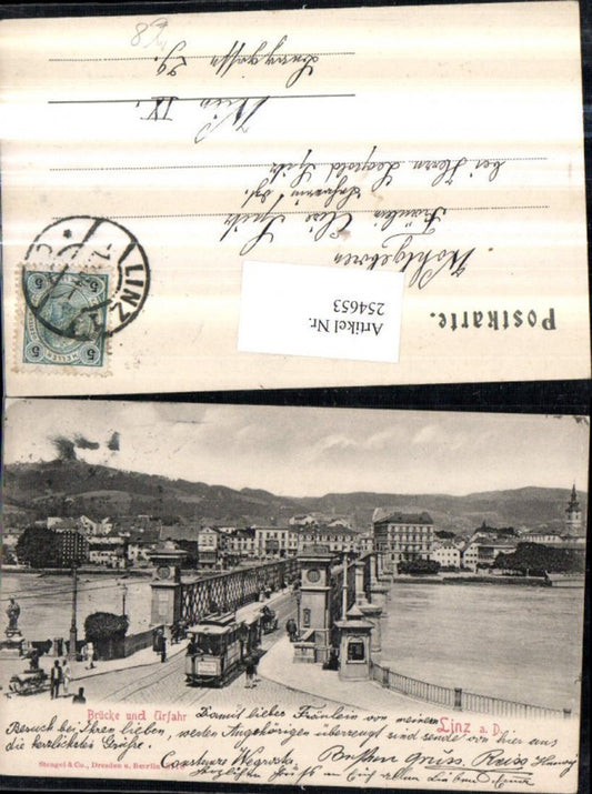 254653,Linz an d. Donau Teilansicht Brücke u. Urfahr Straßenbahn pub Stengel u. Co 3710