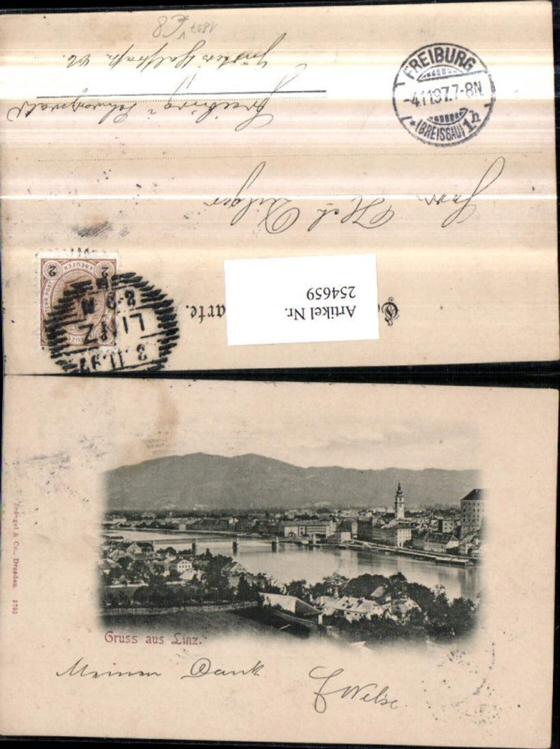254659,Gruß aus Linz an d. Donau 1897 Totale pub Stengel u. Co 3703