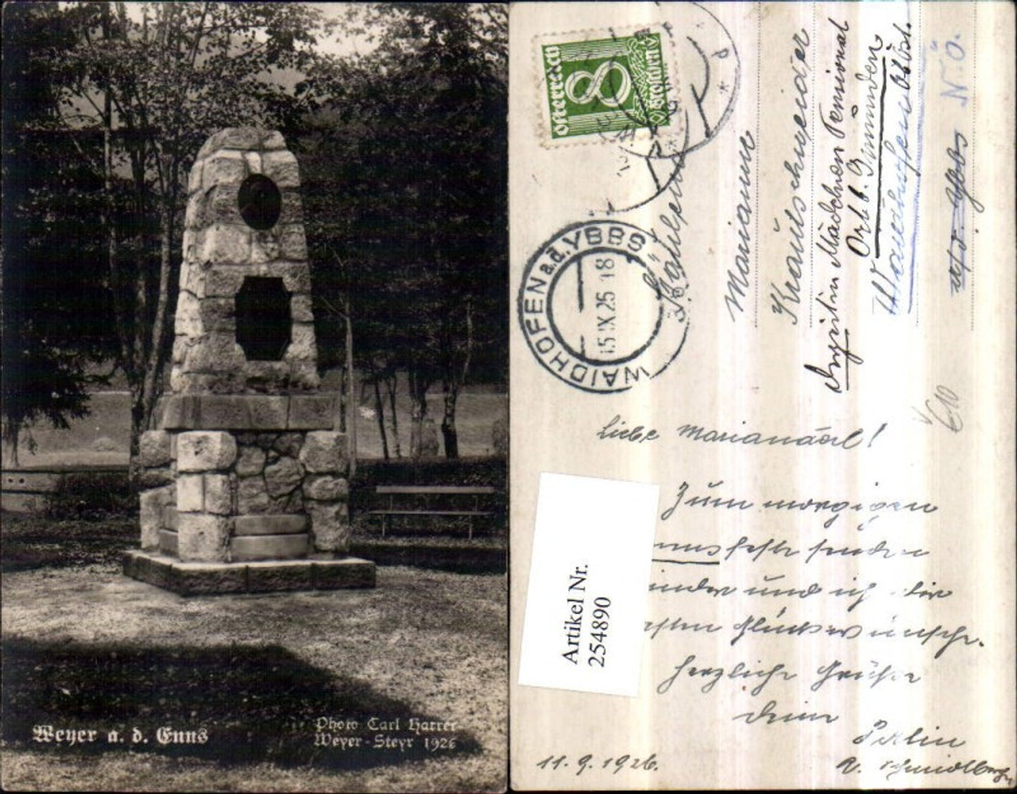 254890,Weyer an d. Enns Denkmal pub Foto Carl Harrer Weyer Steyr 1926